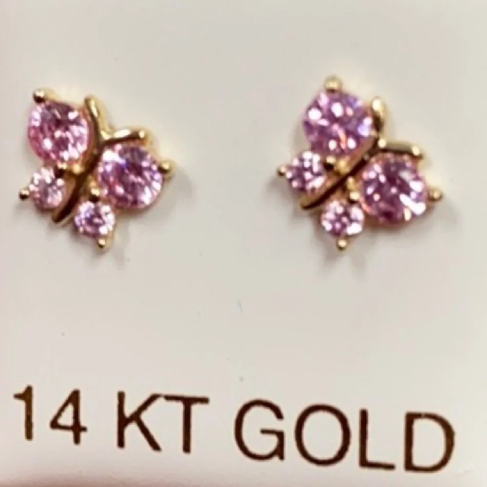 New 14k solid yellow Gold Butterfly Pink CZ Earrings